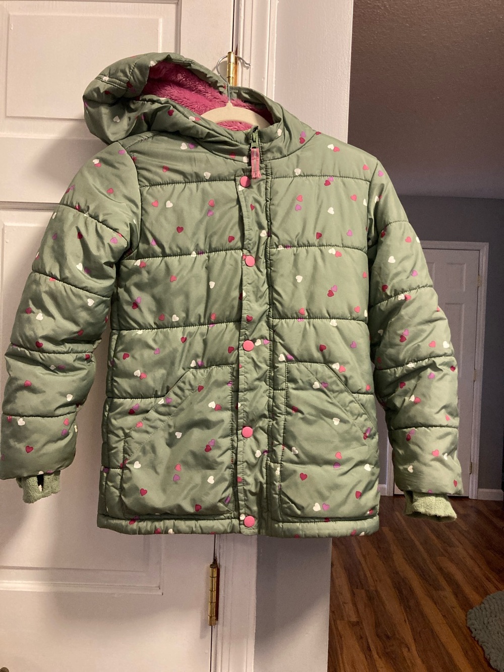 Cat & Jack Sage Green Hooded Puffer with Pink and White Hearts